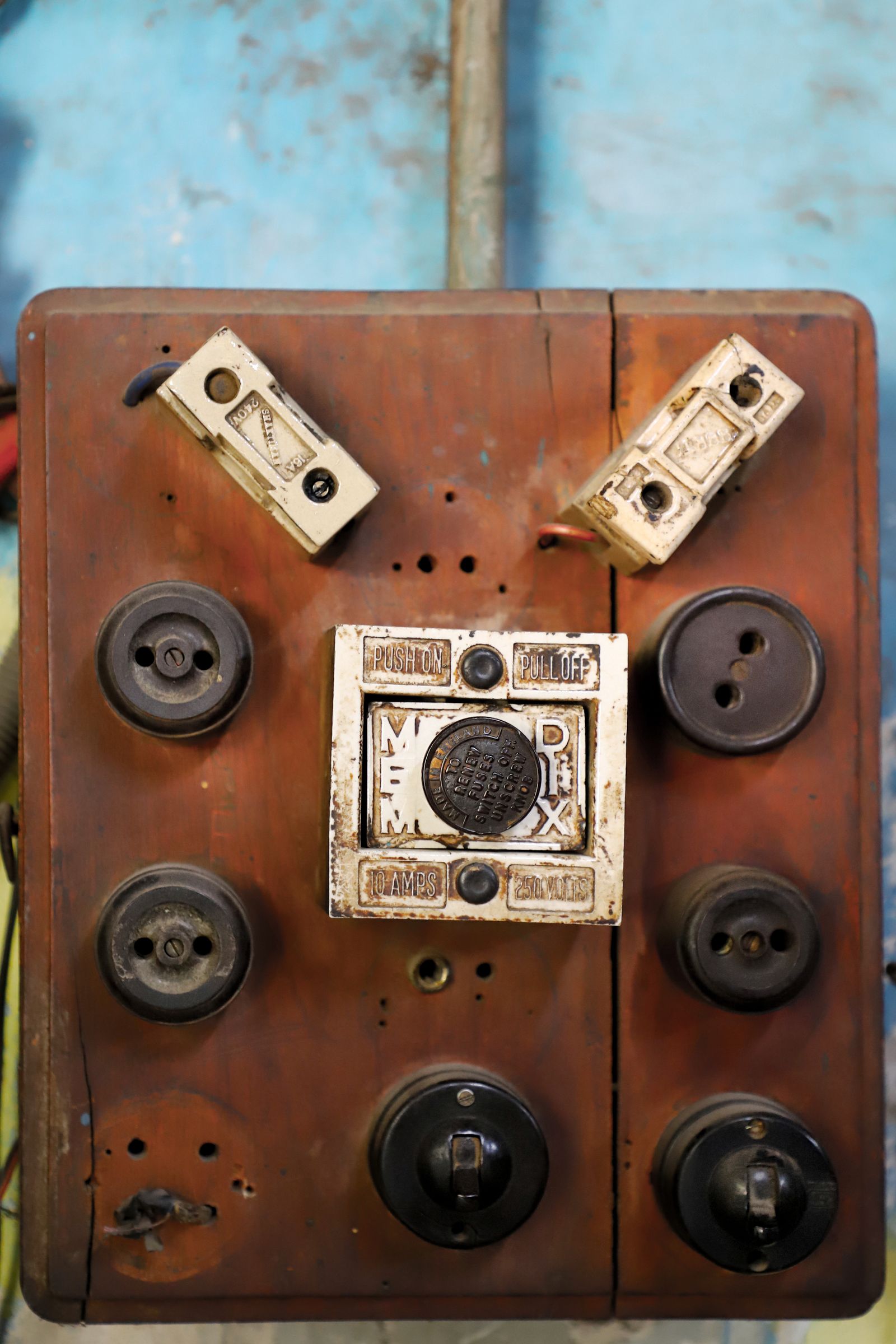 Antique residential fuse panel of the knob and tube era